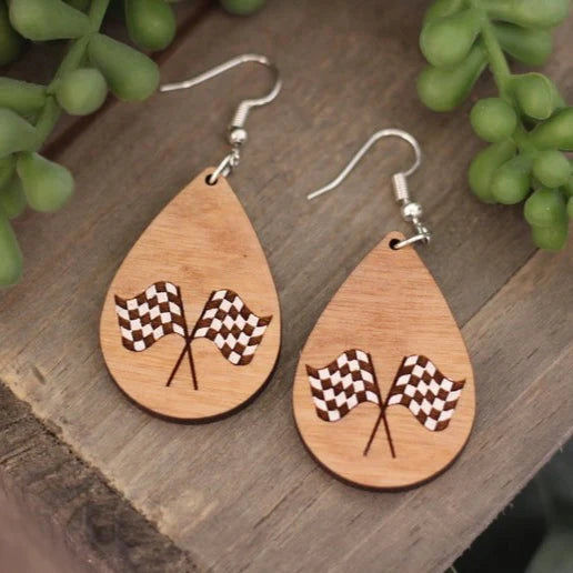 Wooden Checkered Flags Earrings (5 Pairs)