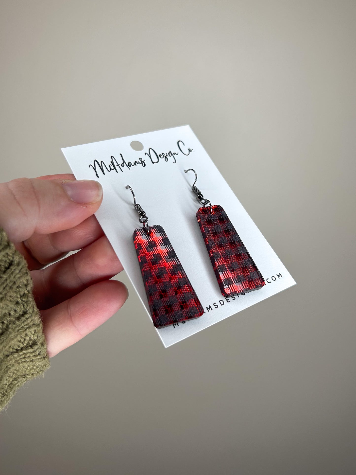 Red Mirror Buffalo Plaid Acrylic Earrings