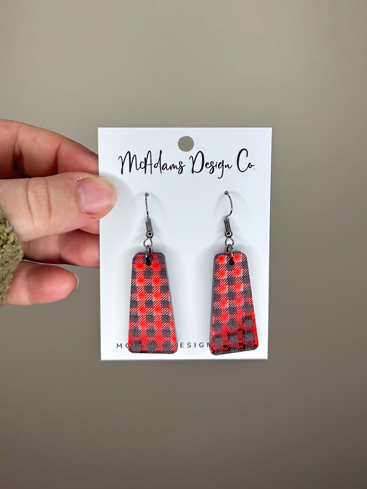 Red Mirror Buffalo Plaid Acrylic Earrings