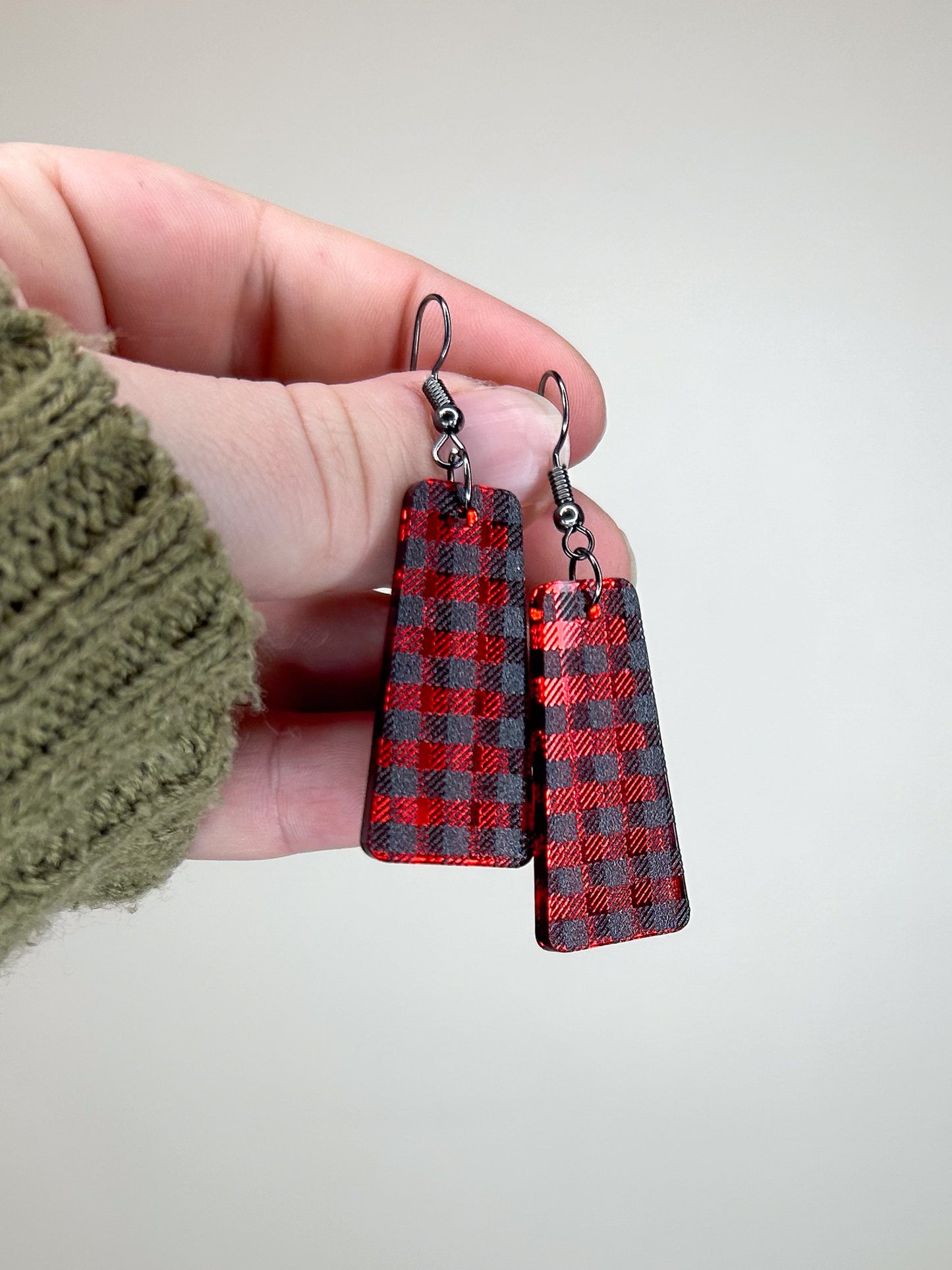 Red Mirror Buffalo Plaid Acrylic Earrings