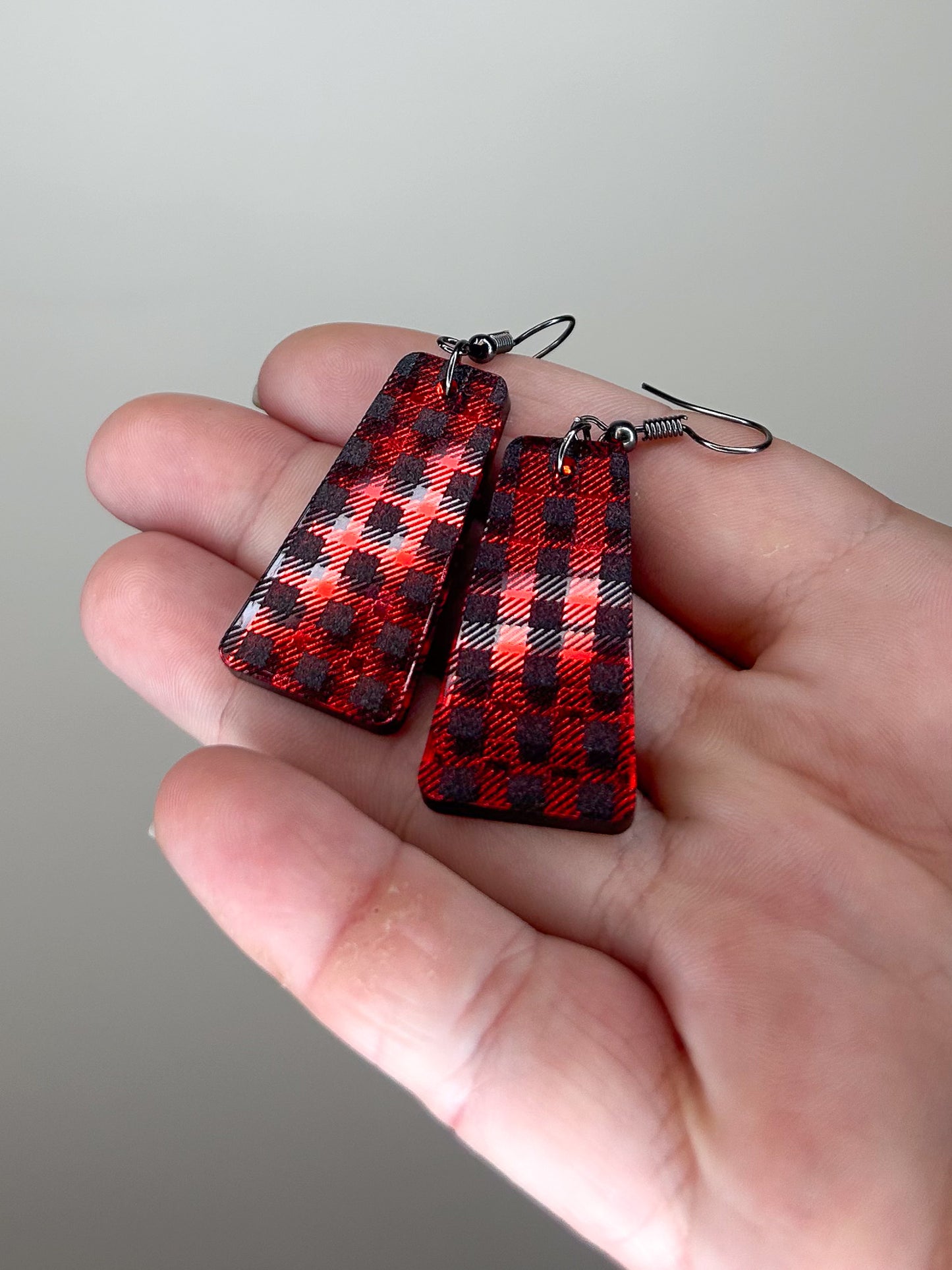 Red Mirror Buffalo Plaid Acrylic Earrings