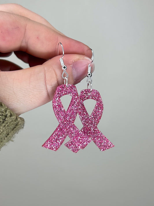 Glitter Breast Cancer Ribbon Acrylic Earrings