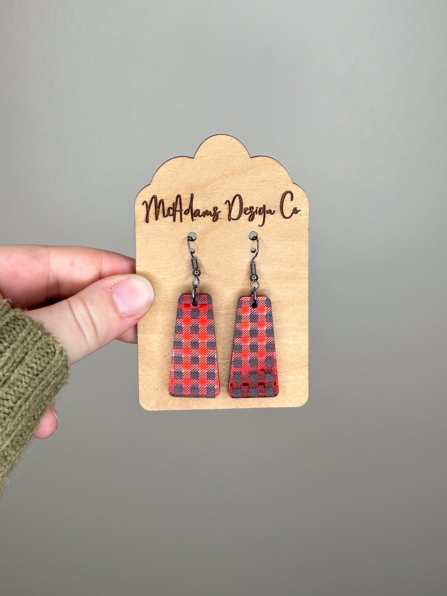 Red Mirror Buffalo Plaid Acrylic Earrings