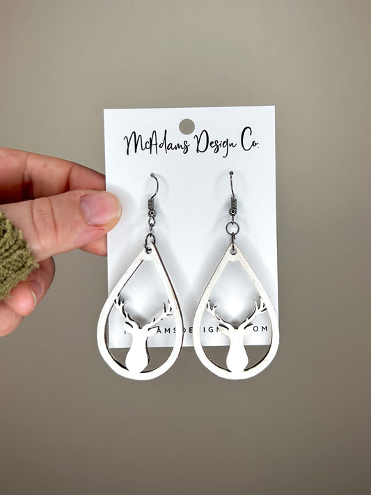White Reindeer Wooden Earrings