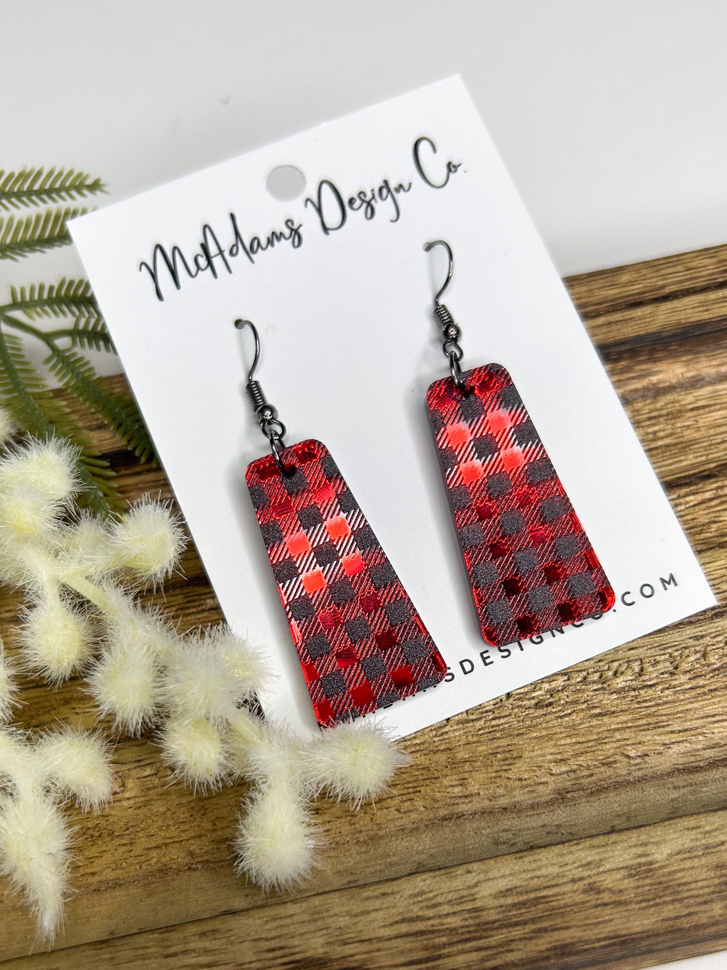 Red Mirror Buffalo Plaid Acrylic Earrings