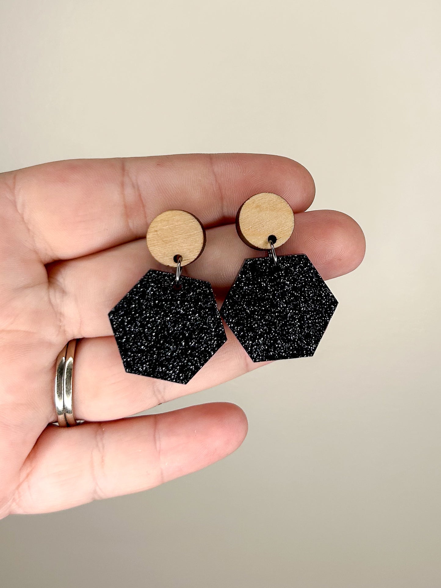 Black Glitter Hexagon Earrings