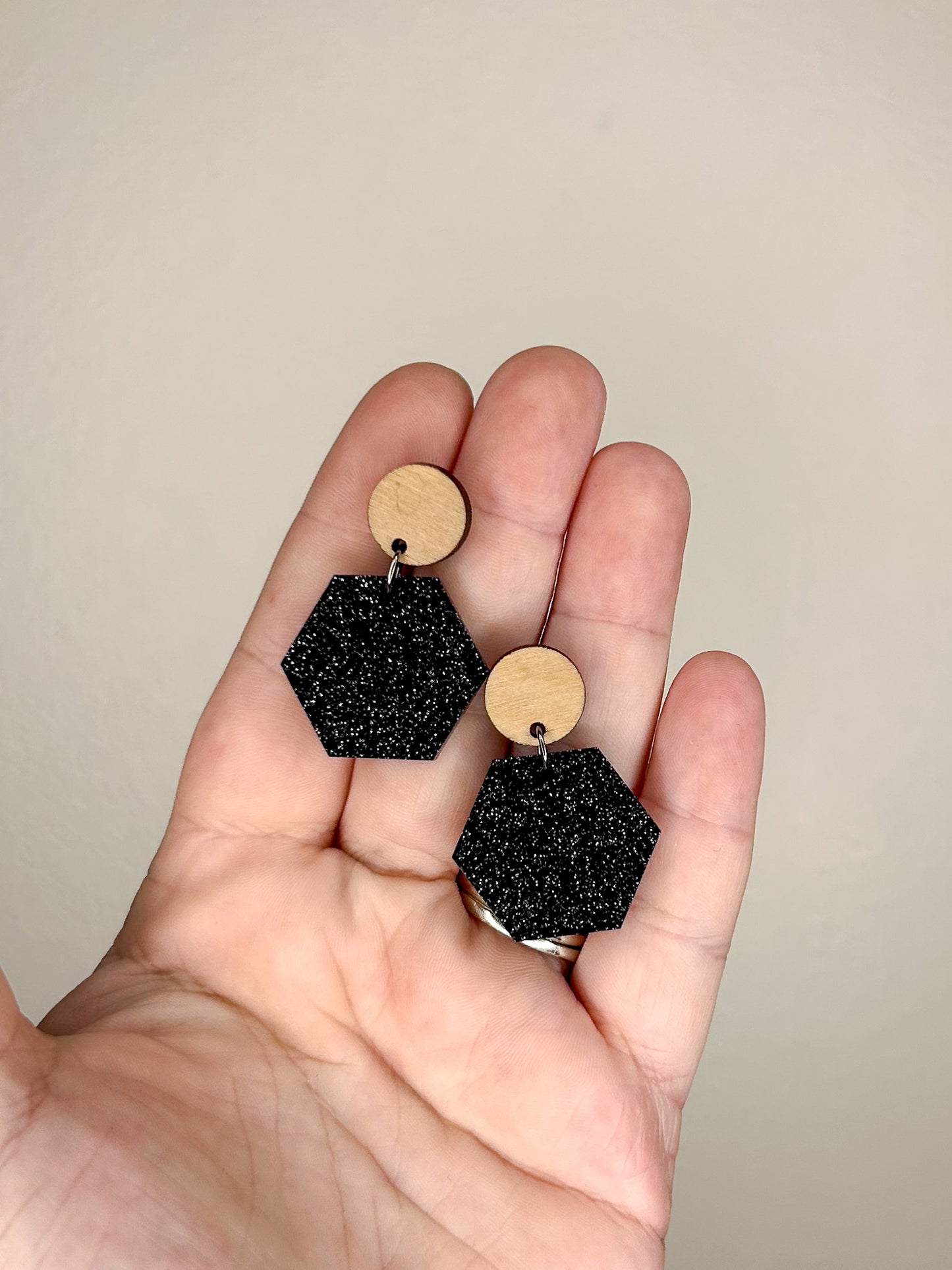 Black Glitter Hexagon Earrings