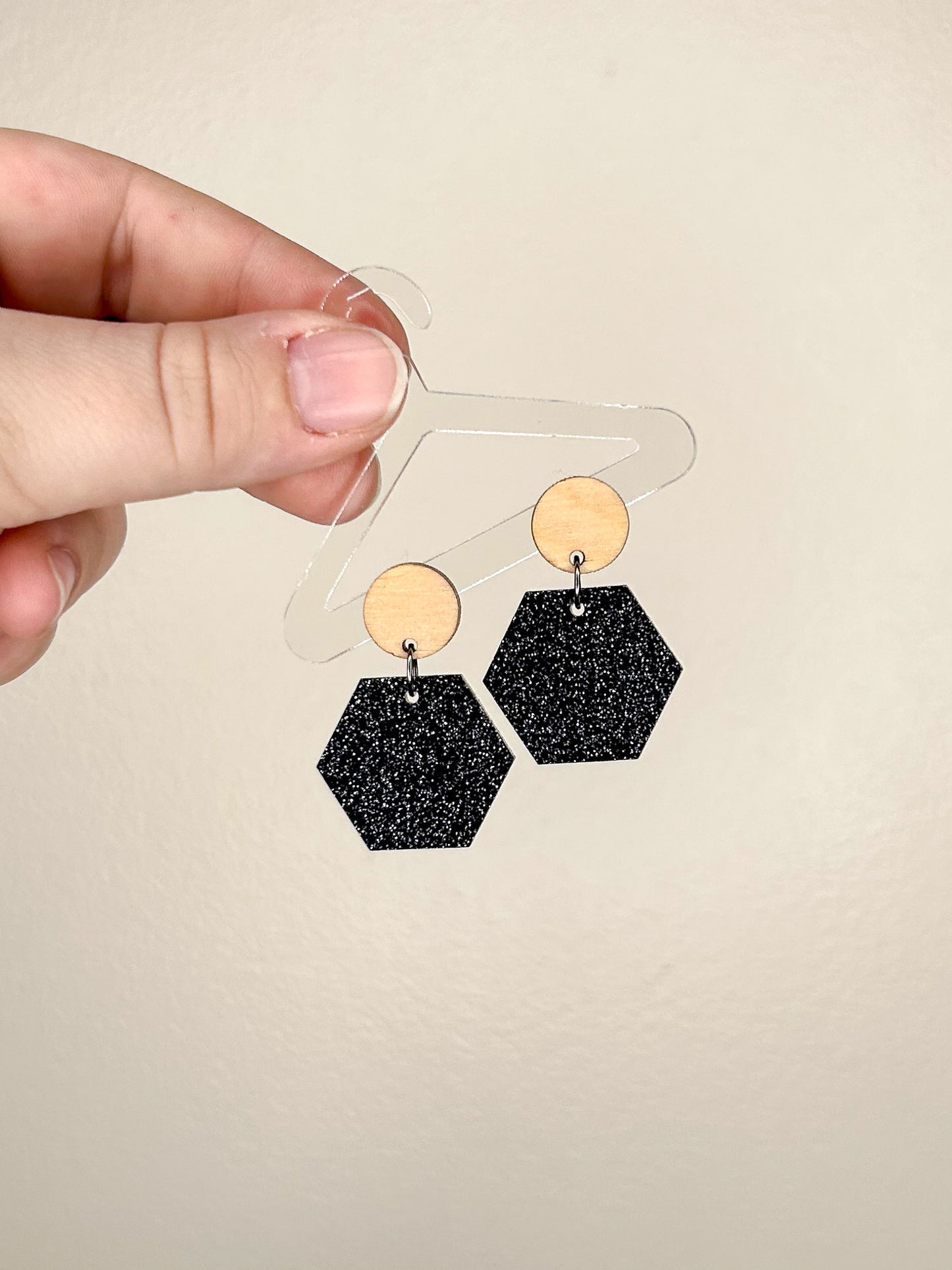 Black Glitter Hexagon Earrings