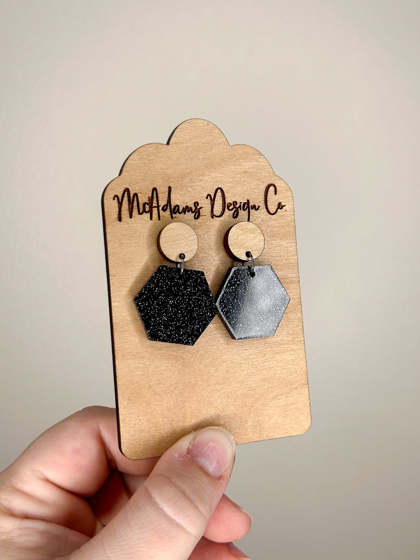 Black Glitter Hexagon Earrings