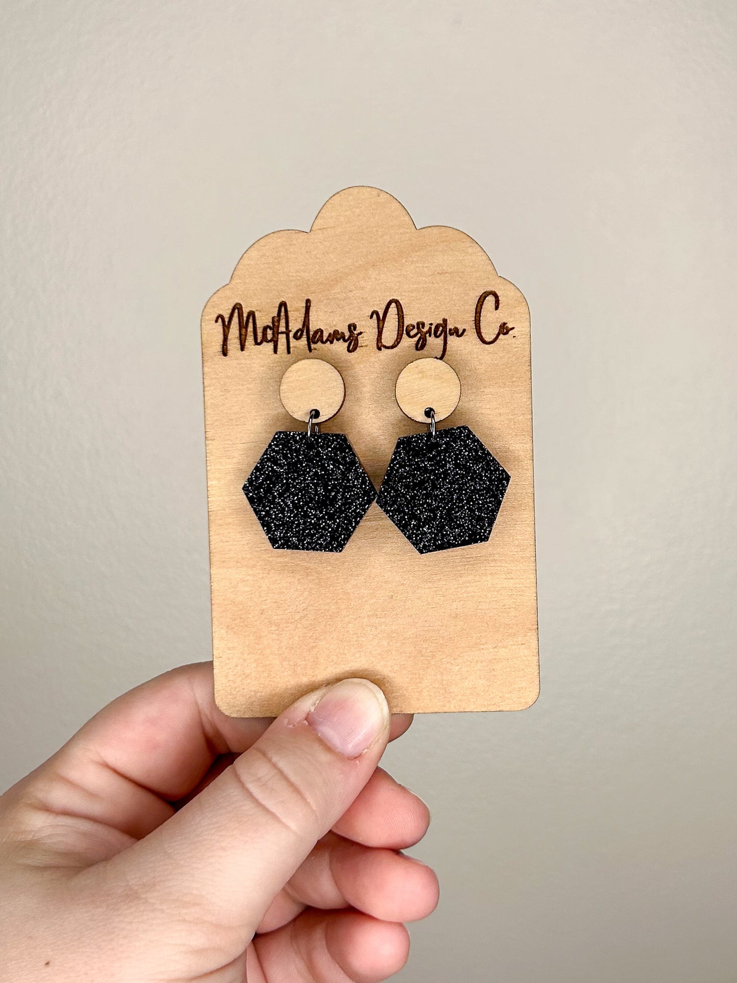 Black Glitter Hexagon Earrings