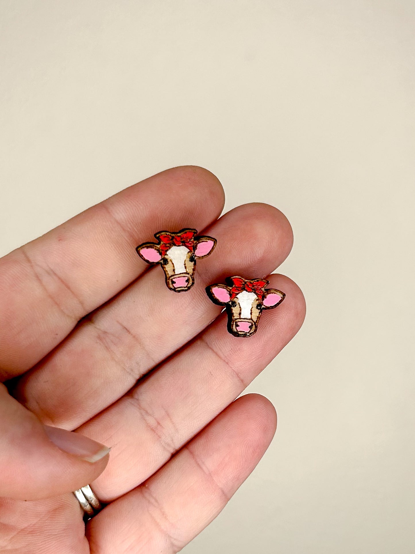 Cow in Bandana Wooden Stud Earrings