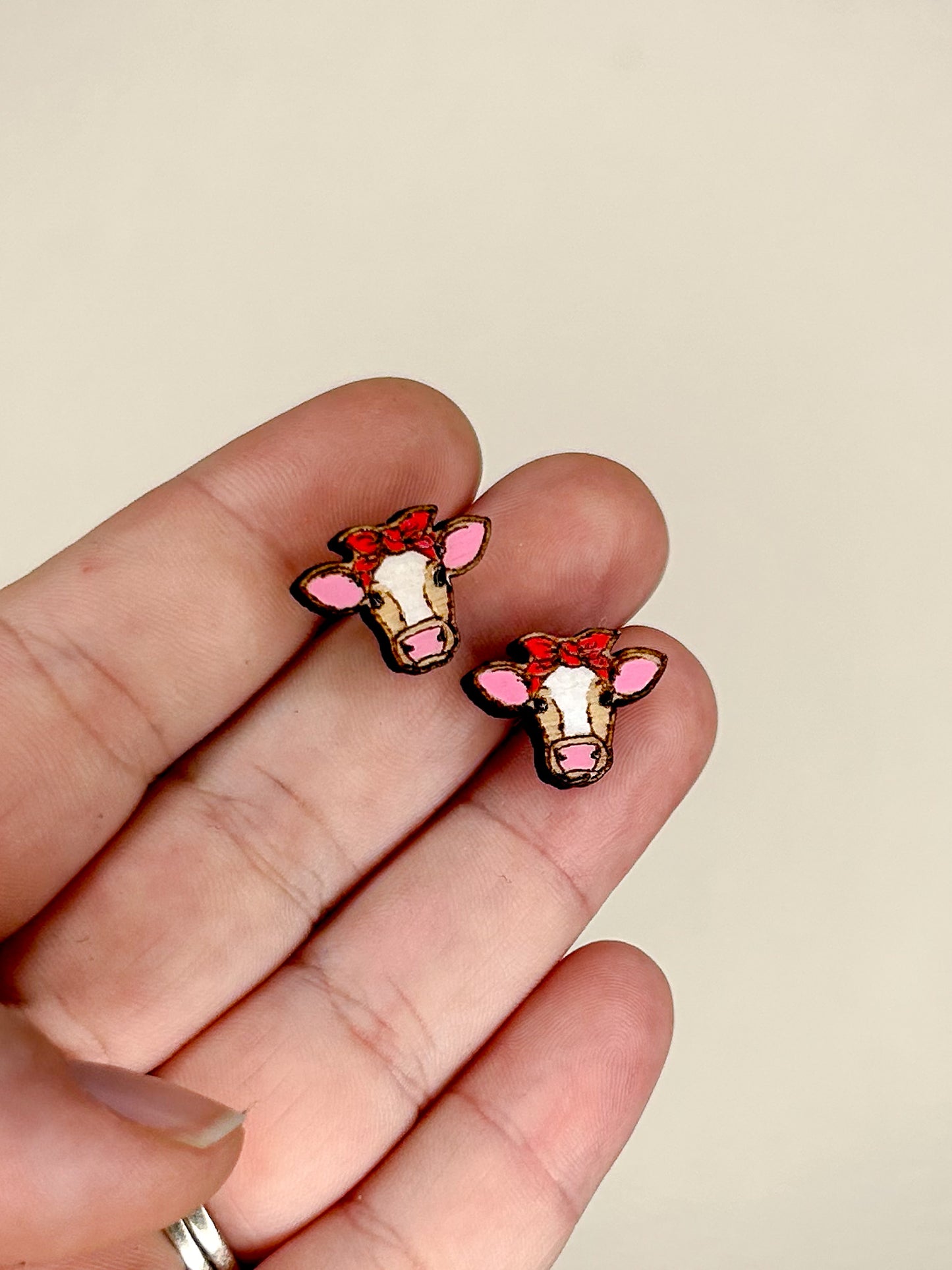 Cow in Bandana Wooden Stud Earrings
