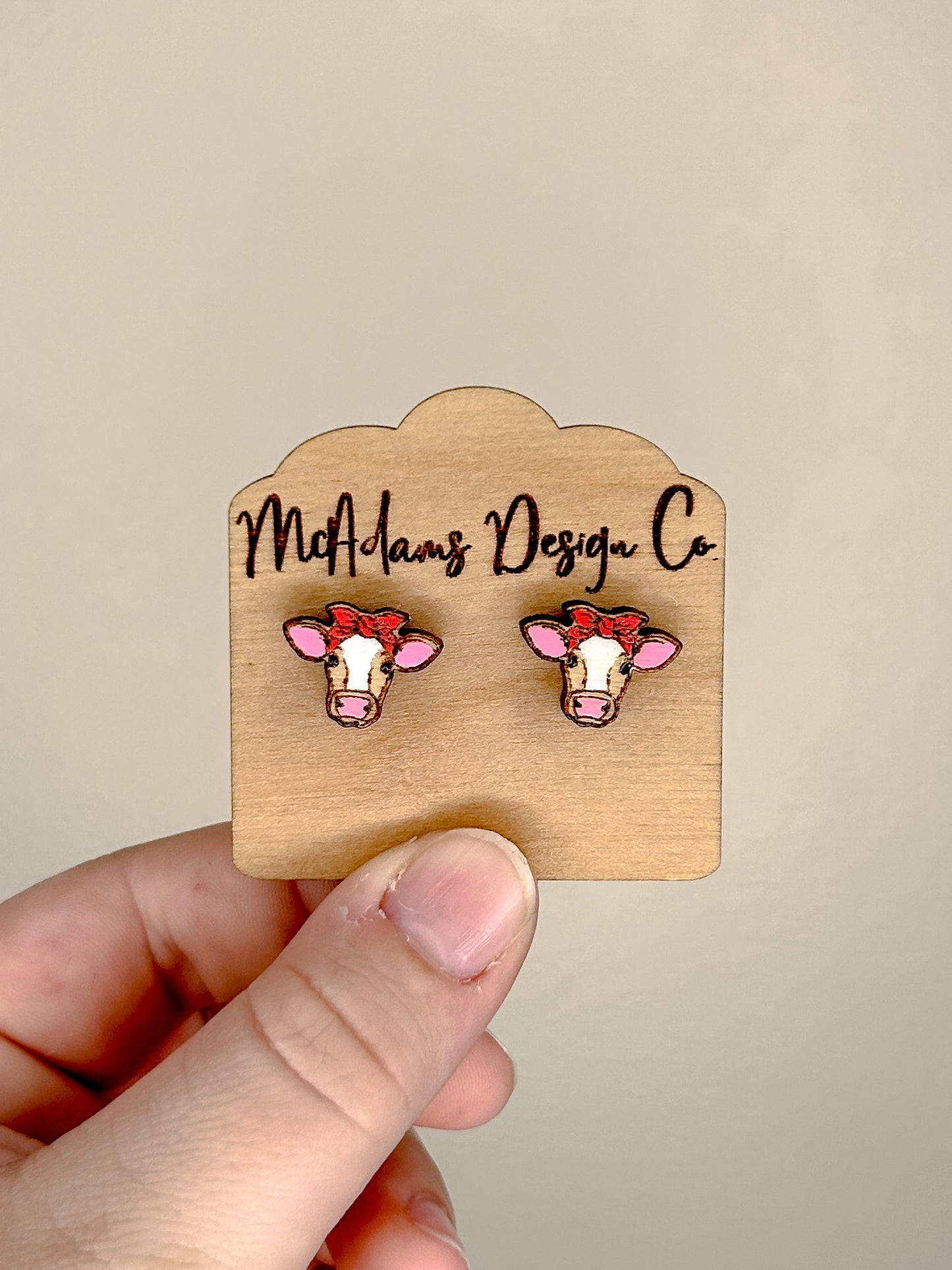 Cow in Bandana Wooden Stud Earrings