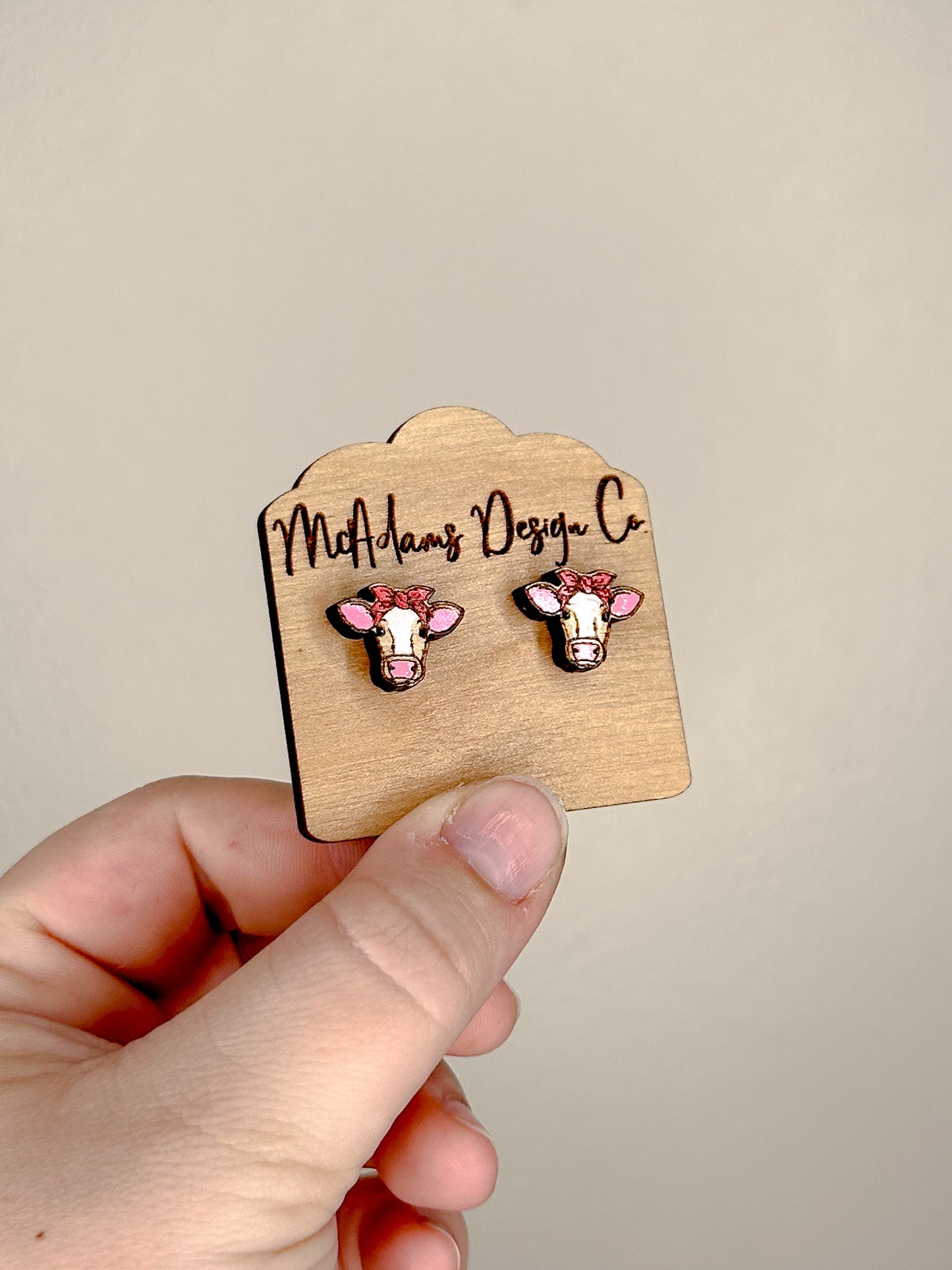 Cow in Bandana Wooden Stud Earrings