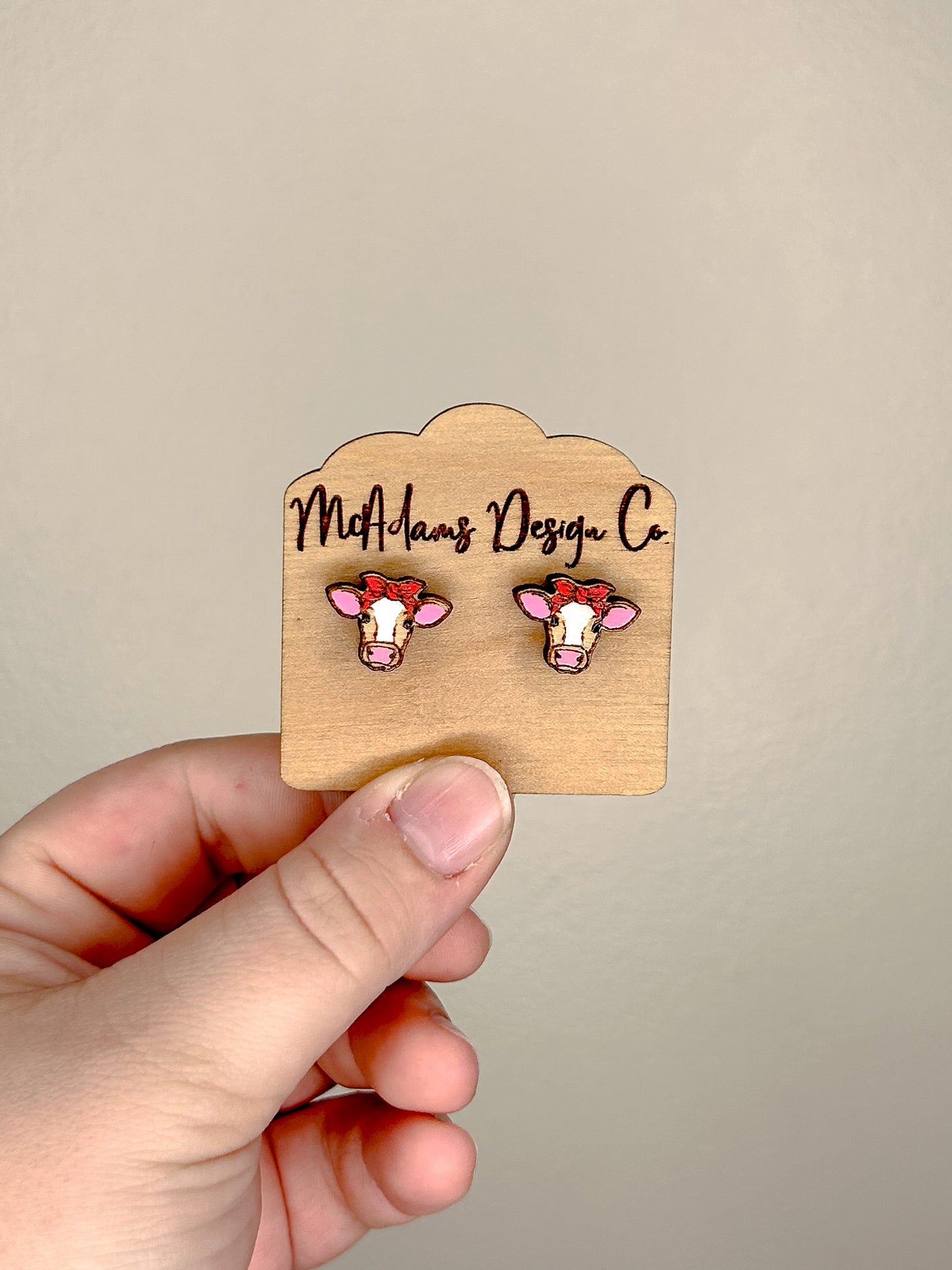Cow in Bandana Wooden Stud Earrings