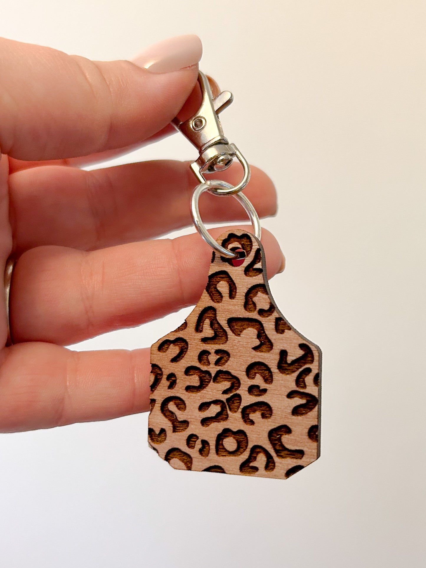 Leopard Engraved Cow Tag Keychain