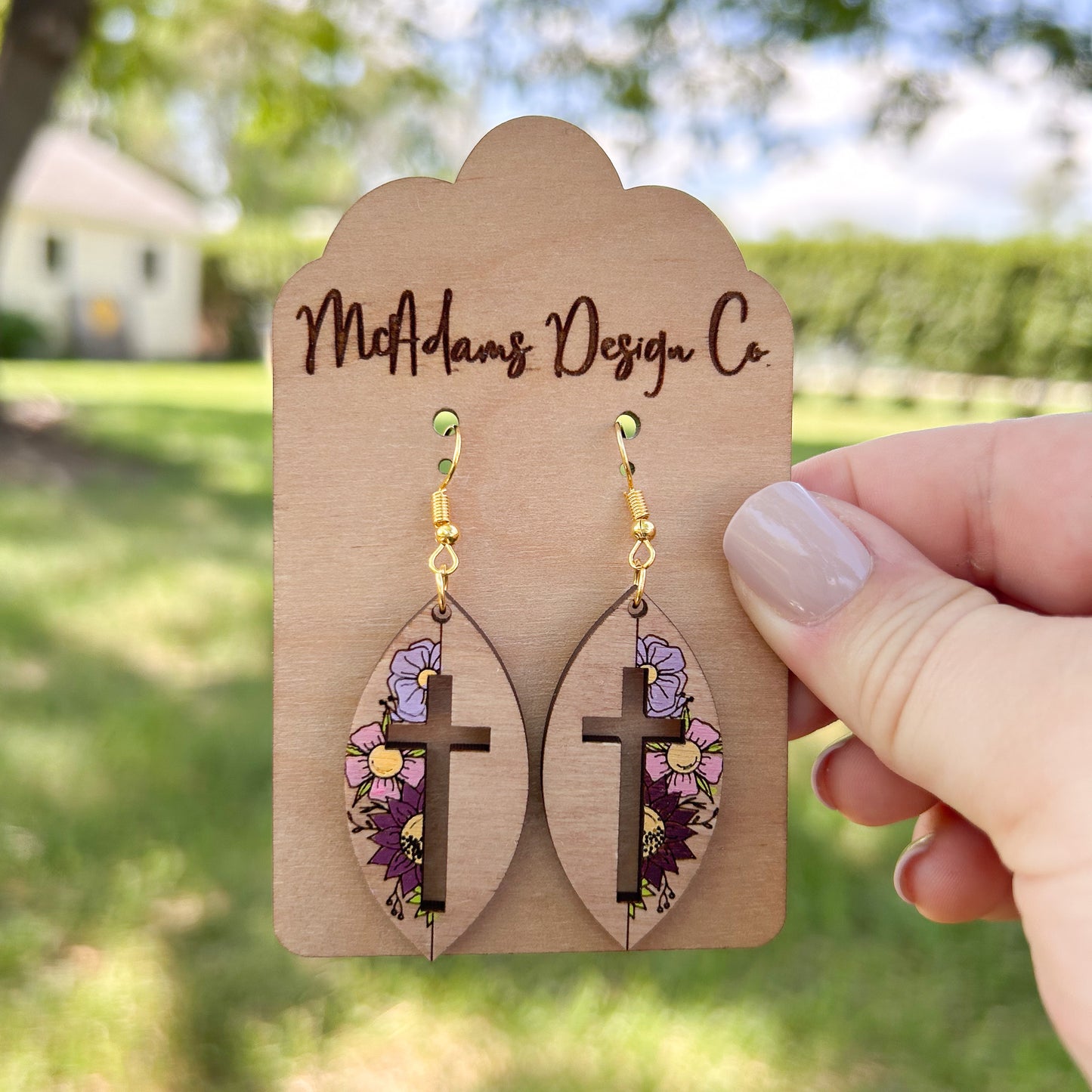 Floral Cross Cutout Wooden Earrings