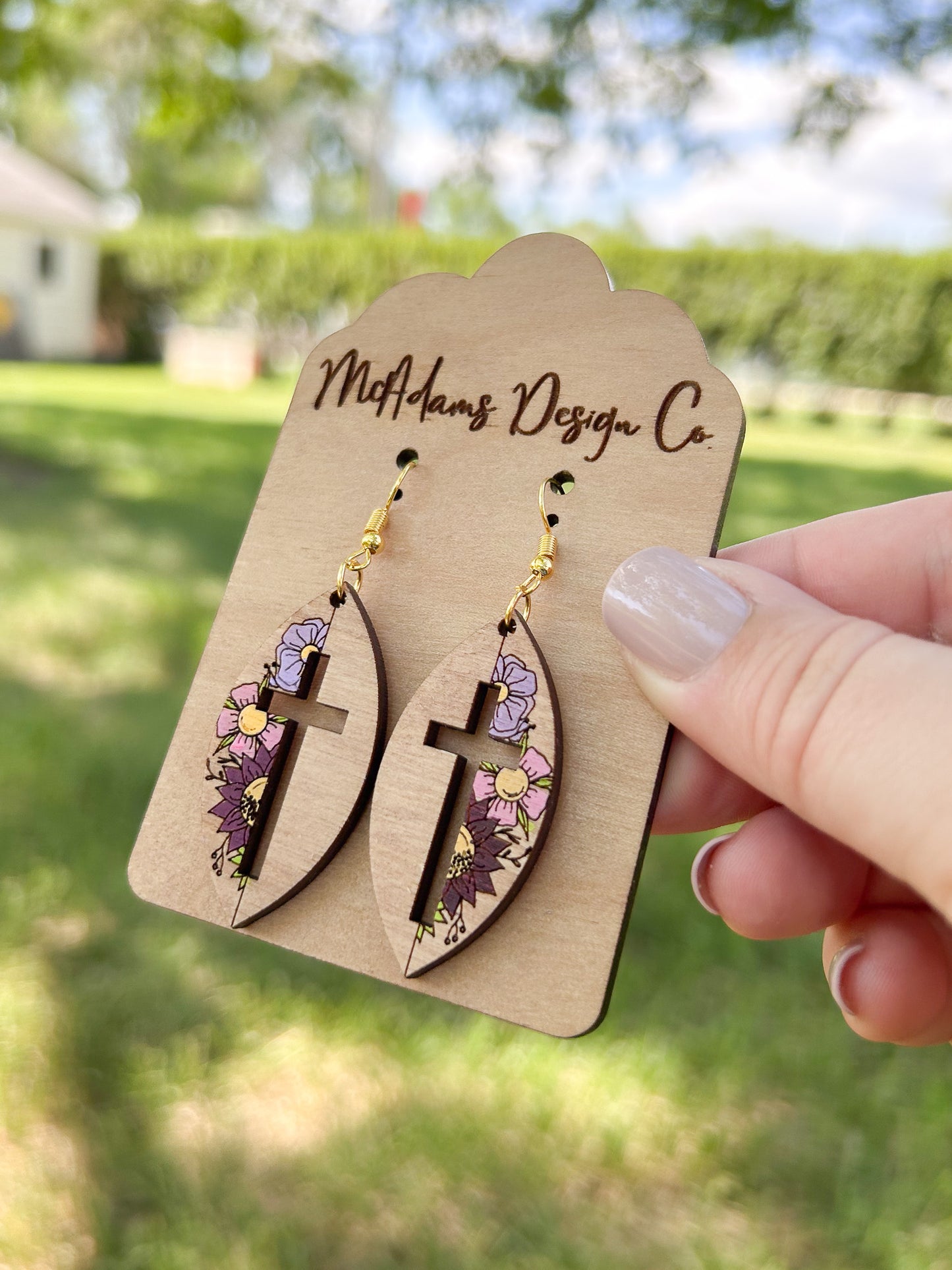 Floral Cross Cutout Wooden Earrings
