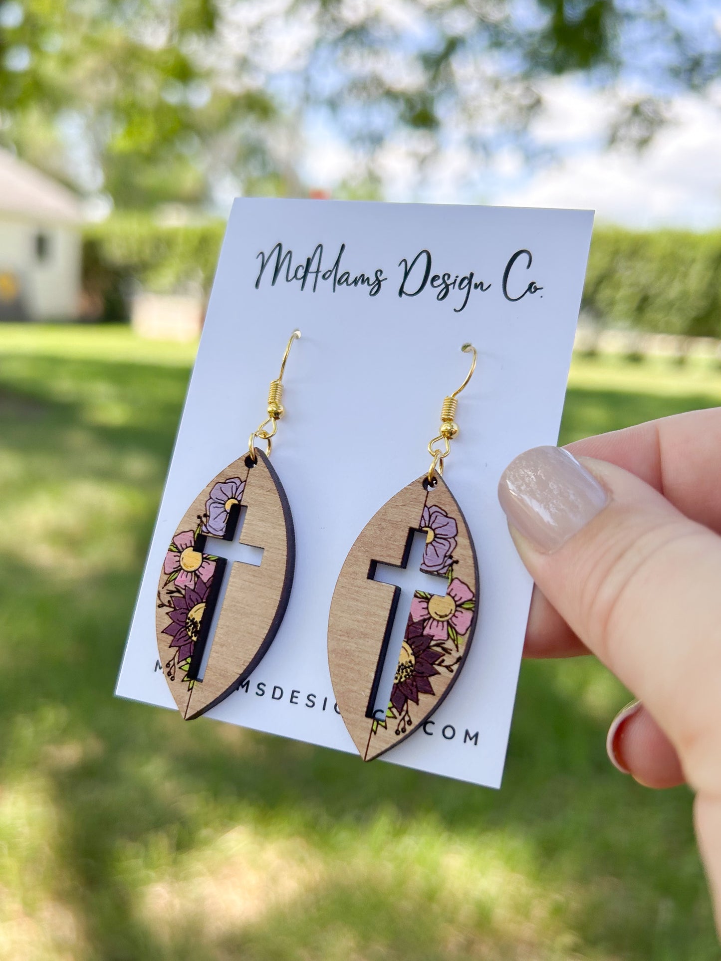 Floral Cross Cutout Wooden Earrings