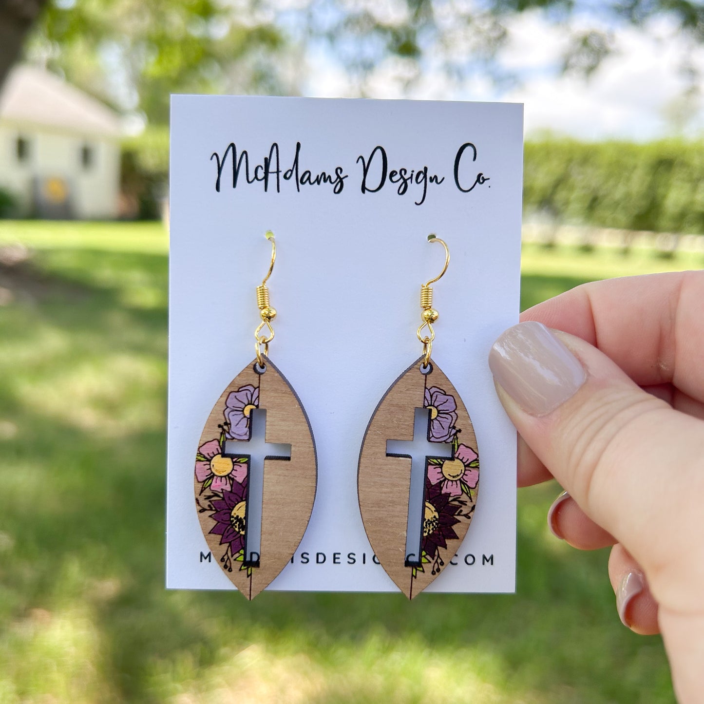 Floral Cross Cutout Wooden Earrings