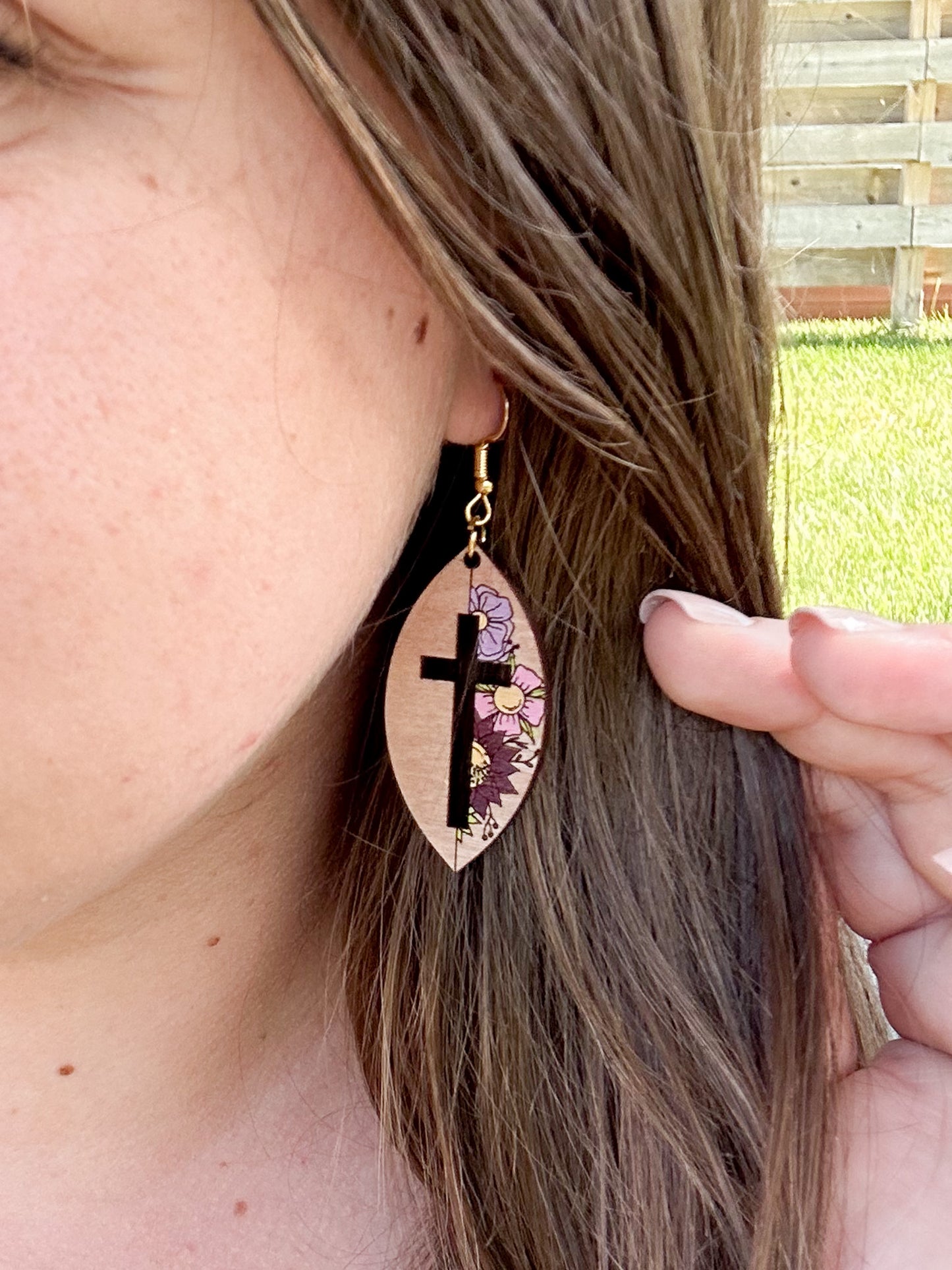 Floral Cross Cutout Wooden Earrings