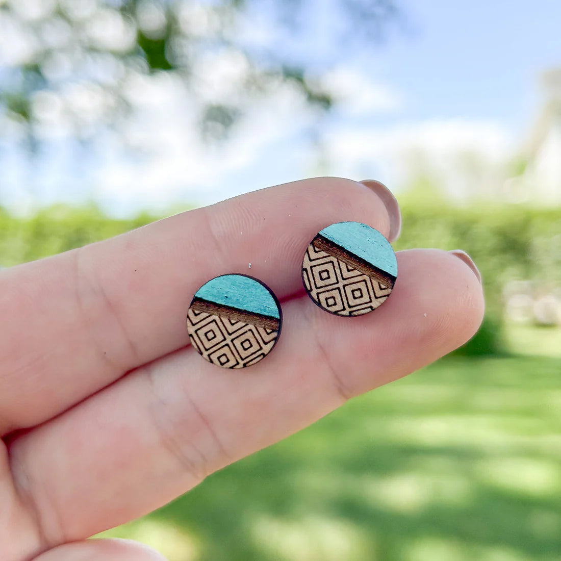 Wooden Teal Boho Studs (5 Pairs)