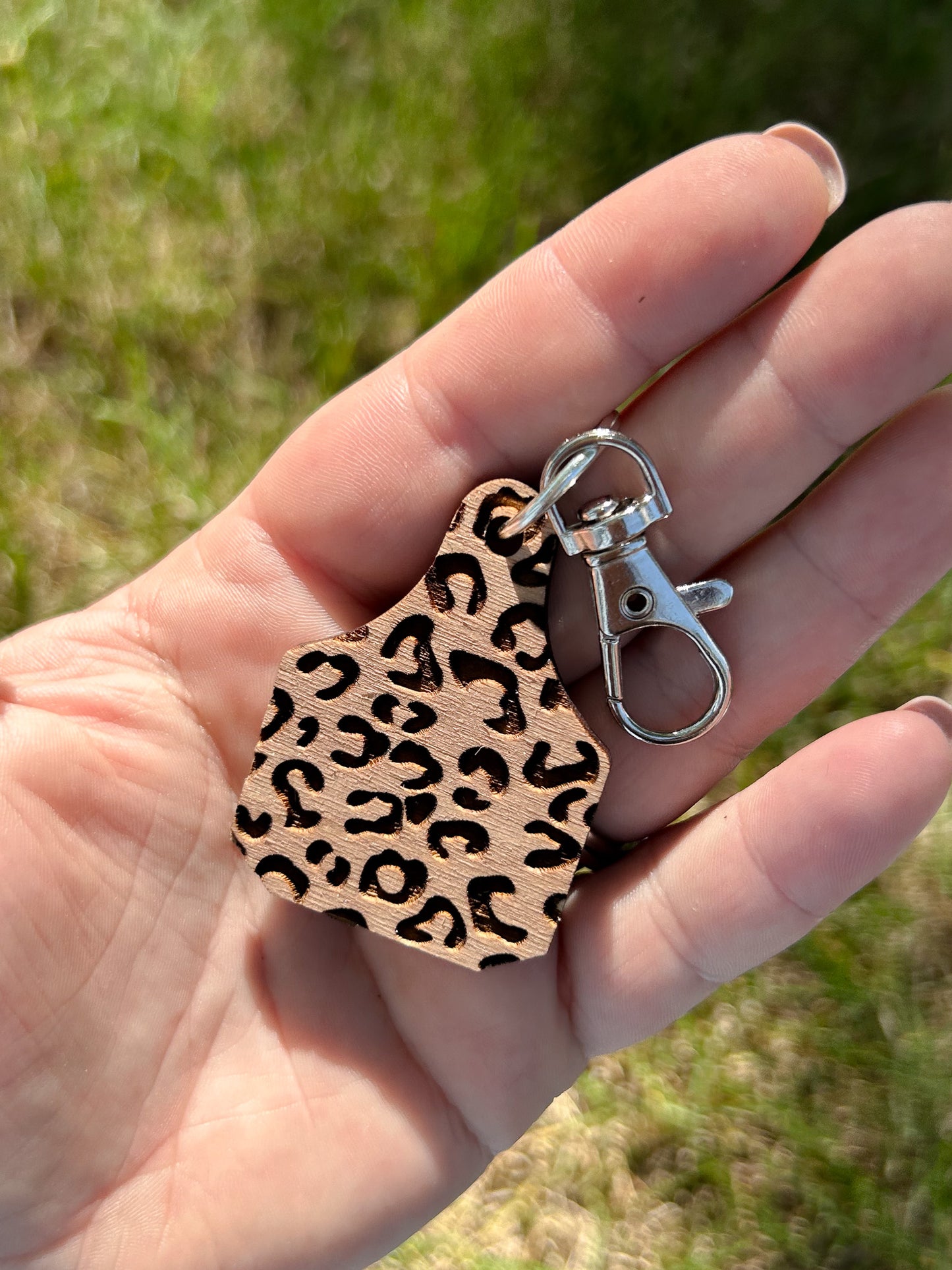 Leopard Engraved Cow Tag Keychain