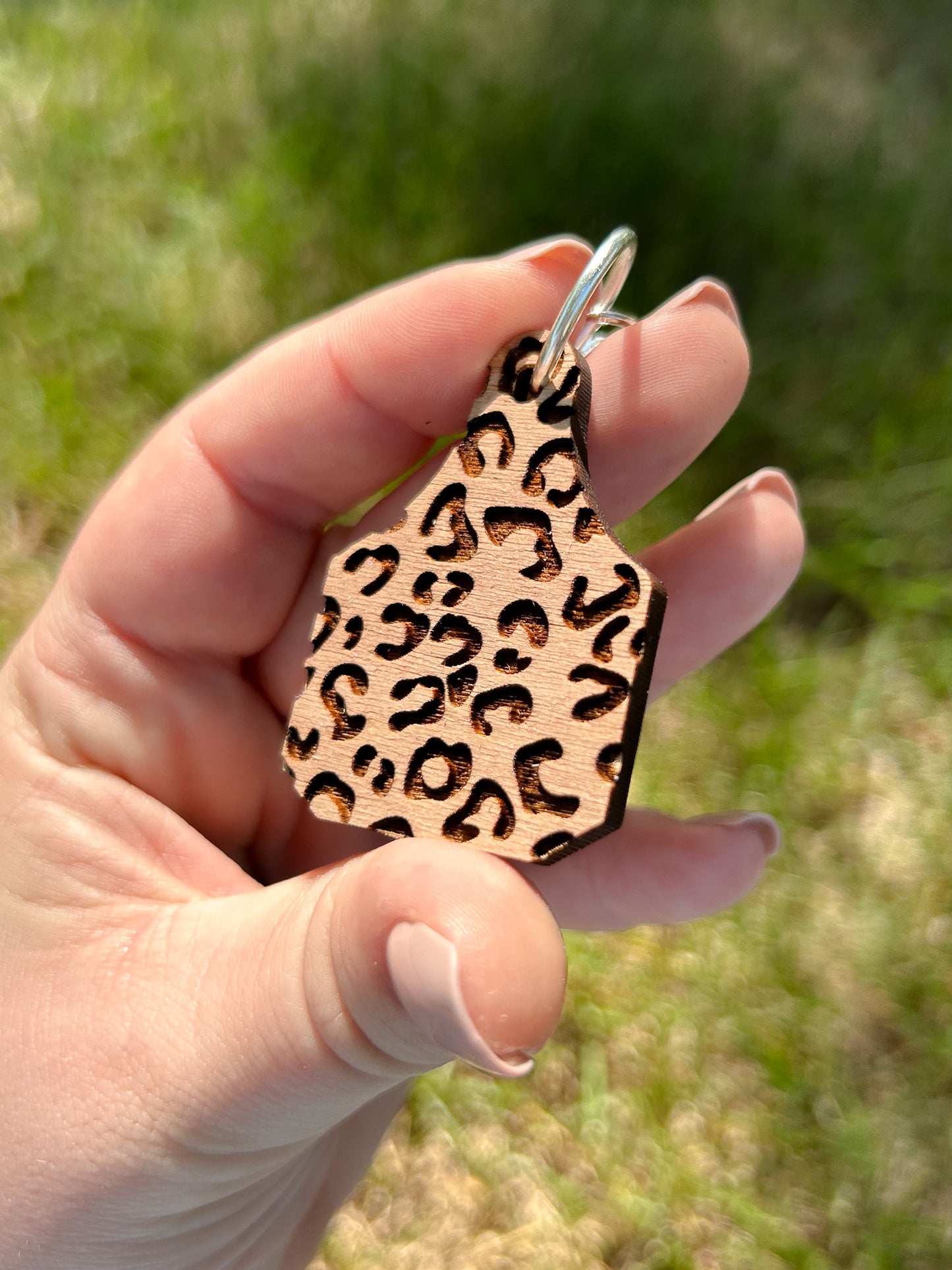 Leopard Engraved Cow Tag Keychain