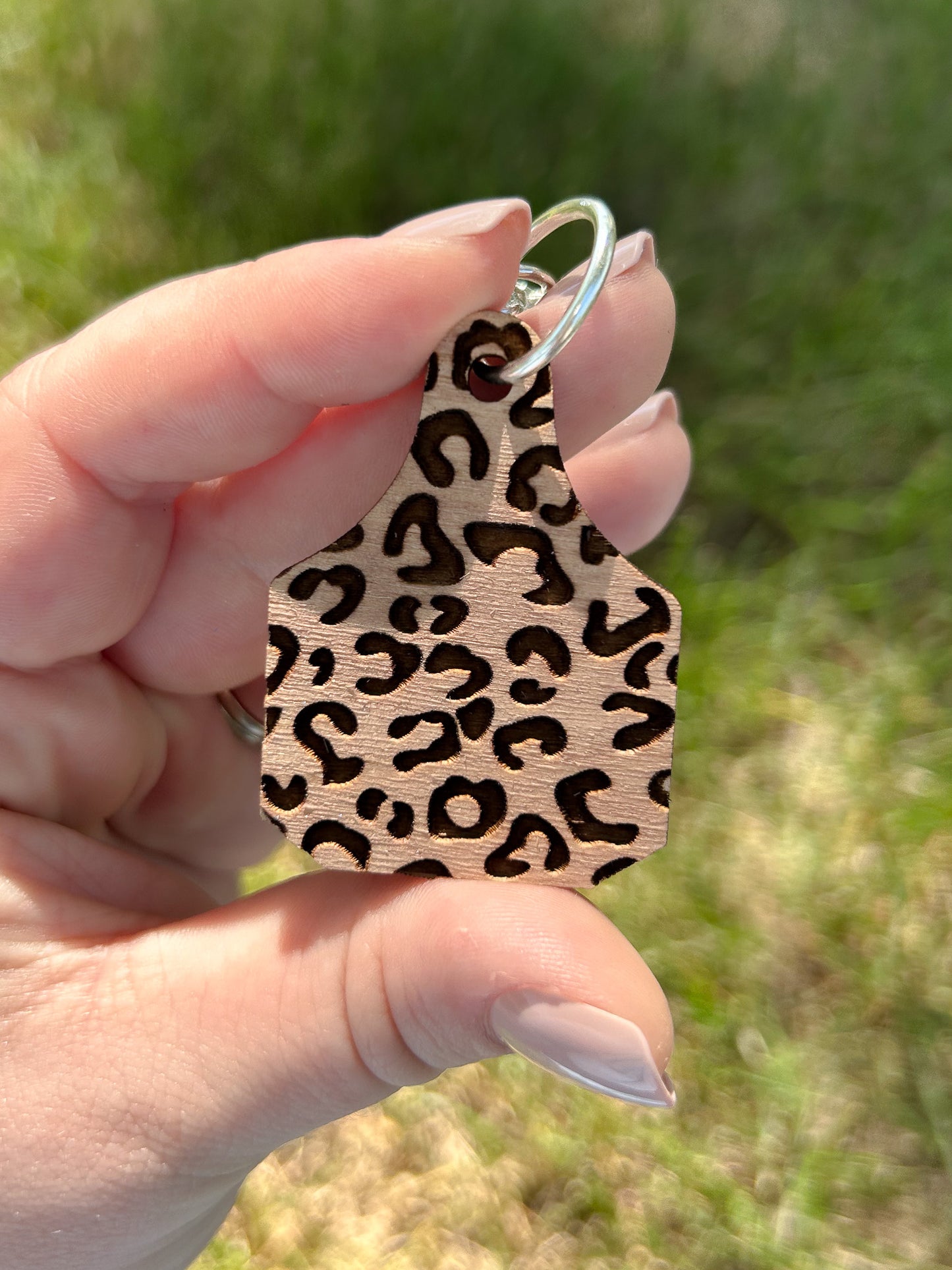 Leopard Engraved Cow Tag Keychain