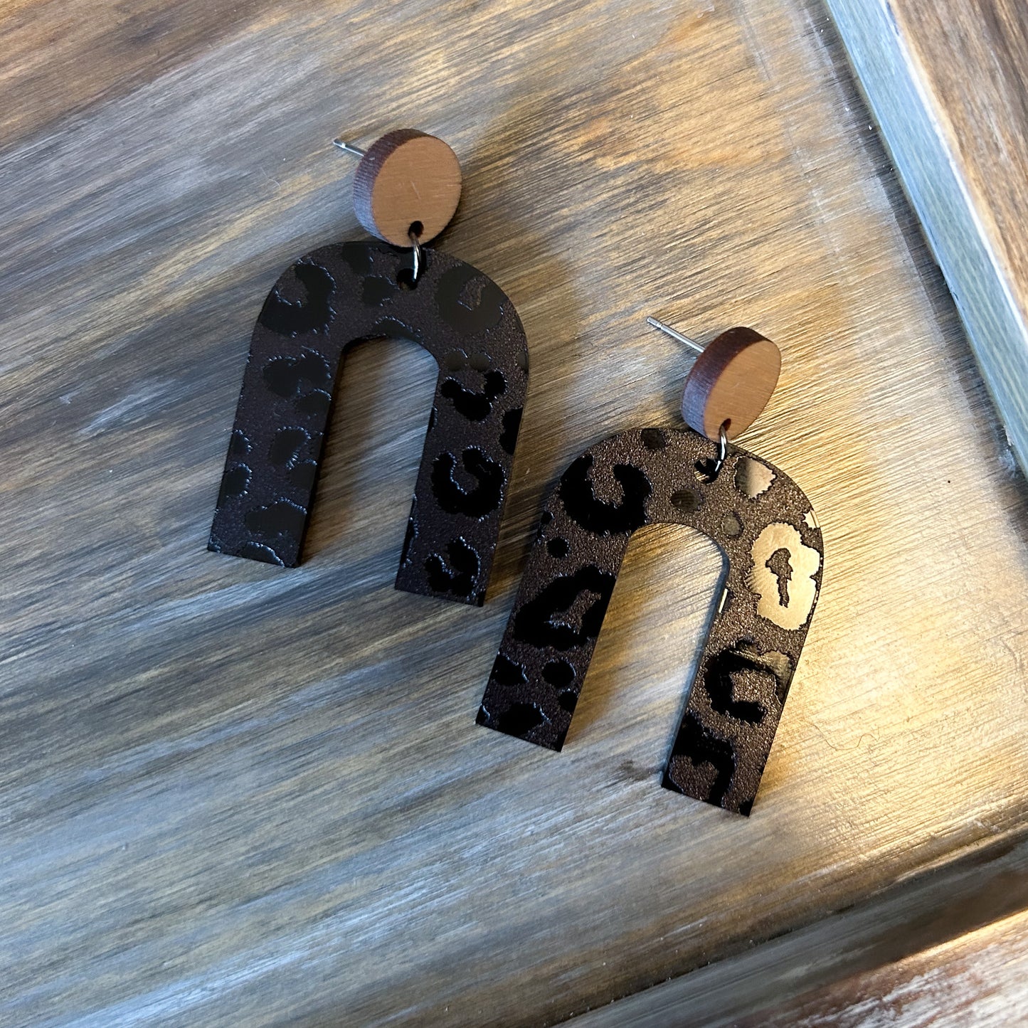 Wood & Blacked Out Cheetah Acrylic Earrings