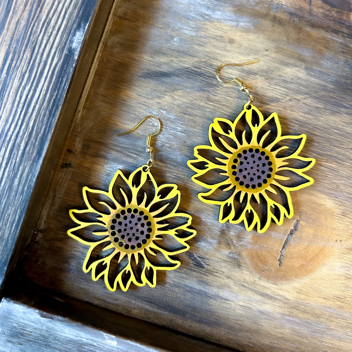 Painted Sunflower Wooden Earrings
