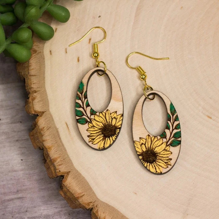Wooden Painted Sunflower Earrings (5 Pairs)
