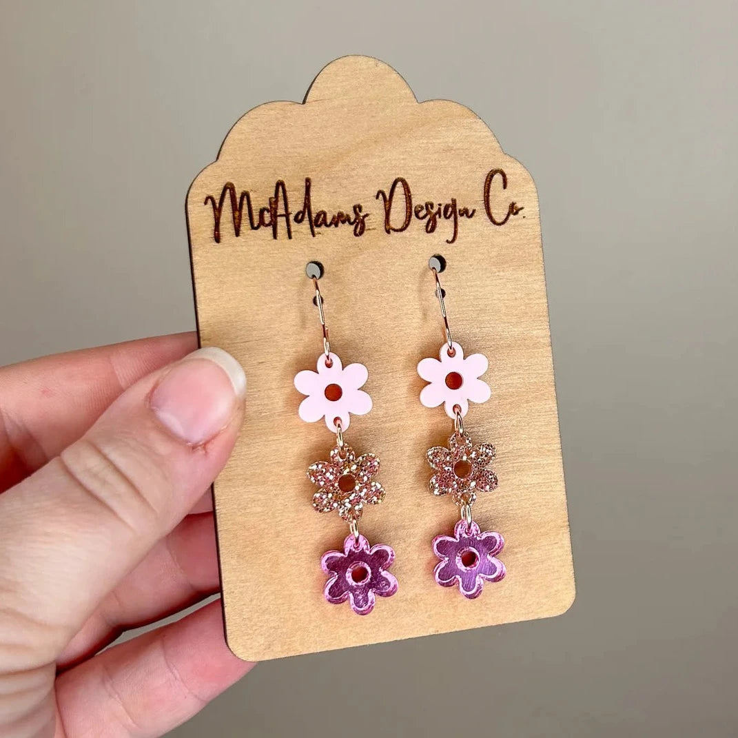 Acrylic Stacked Pink Flowers Earrings (5 Pairs)