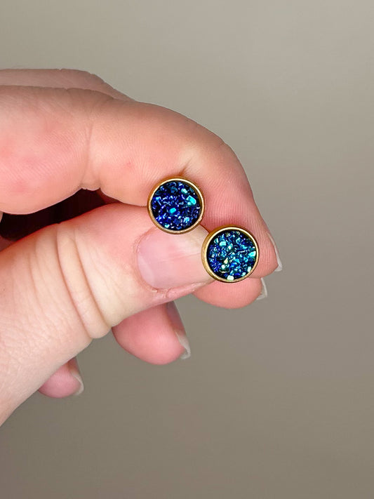 Mini Deep Blue Druzy Studs