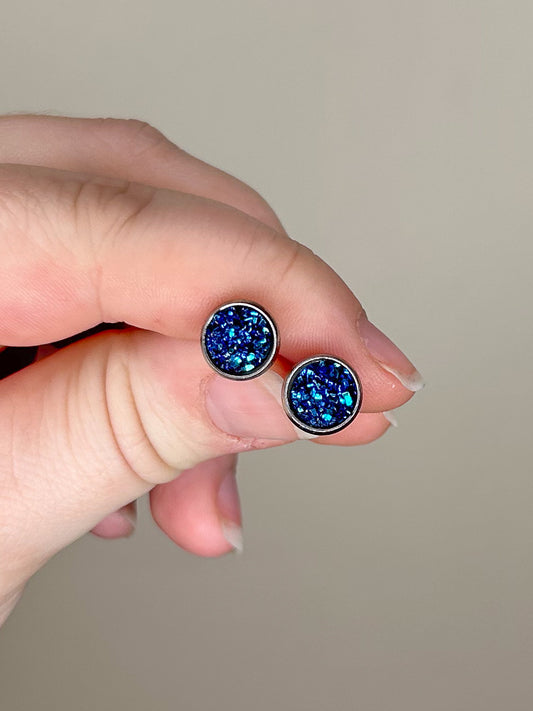 Mini Deep Blue Druzy Studs
