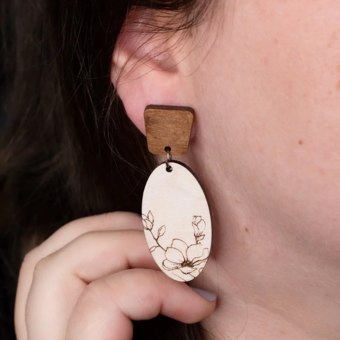 Wooden White Washed Magnolia Earrings (5 Pairs)