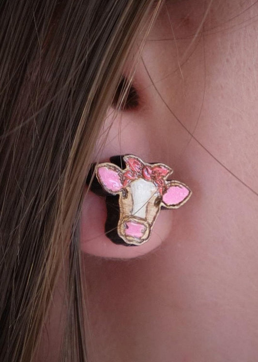Cow in Bandana Wooden Stud Earrings