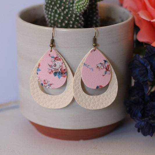 Floral and Tan Faux Leather Earrings