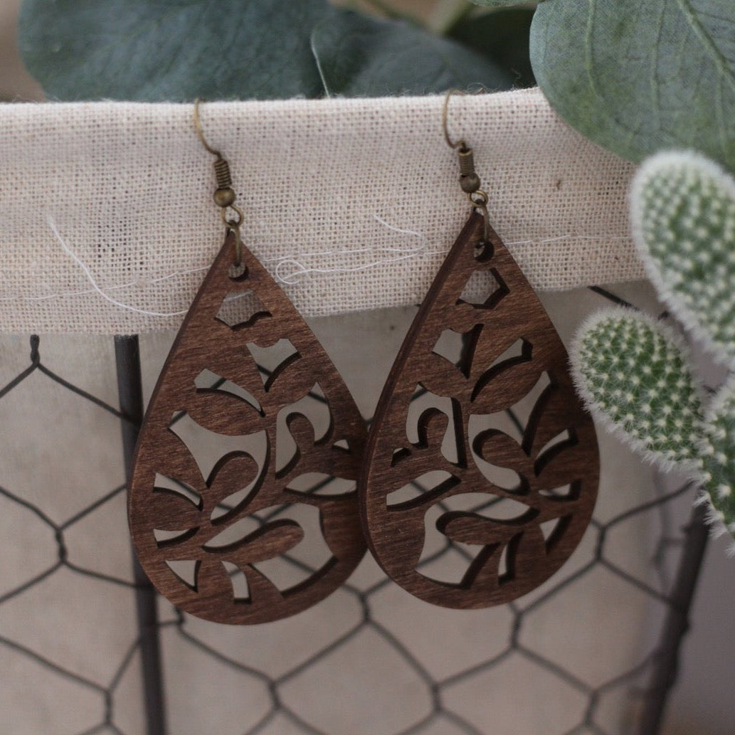 Walnut Teardrop Wooden Cutout Earrings