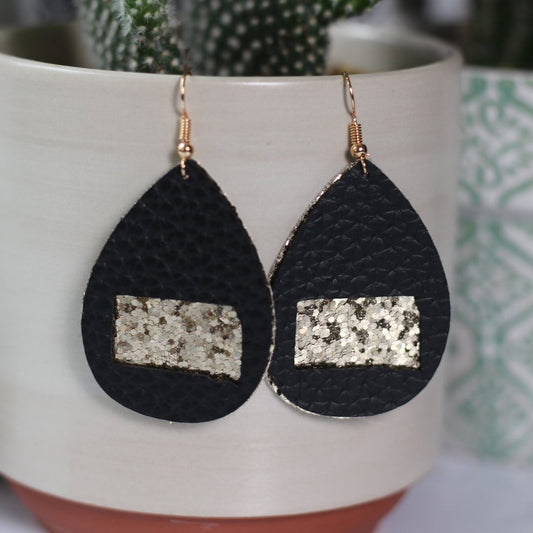 South Dakota Black & Gold Glitter Faux Leather Earrings