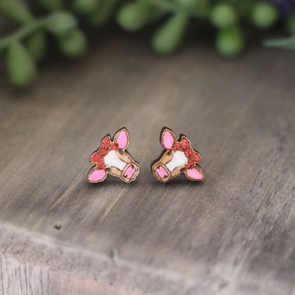 Cow in Bandana Wooden Stud Earrings