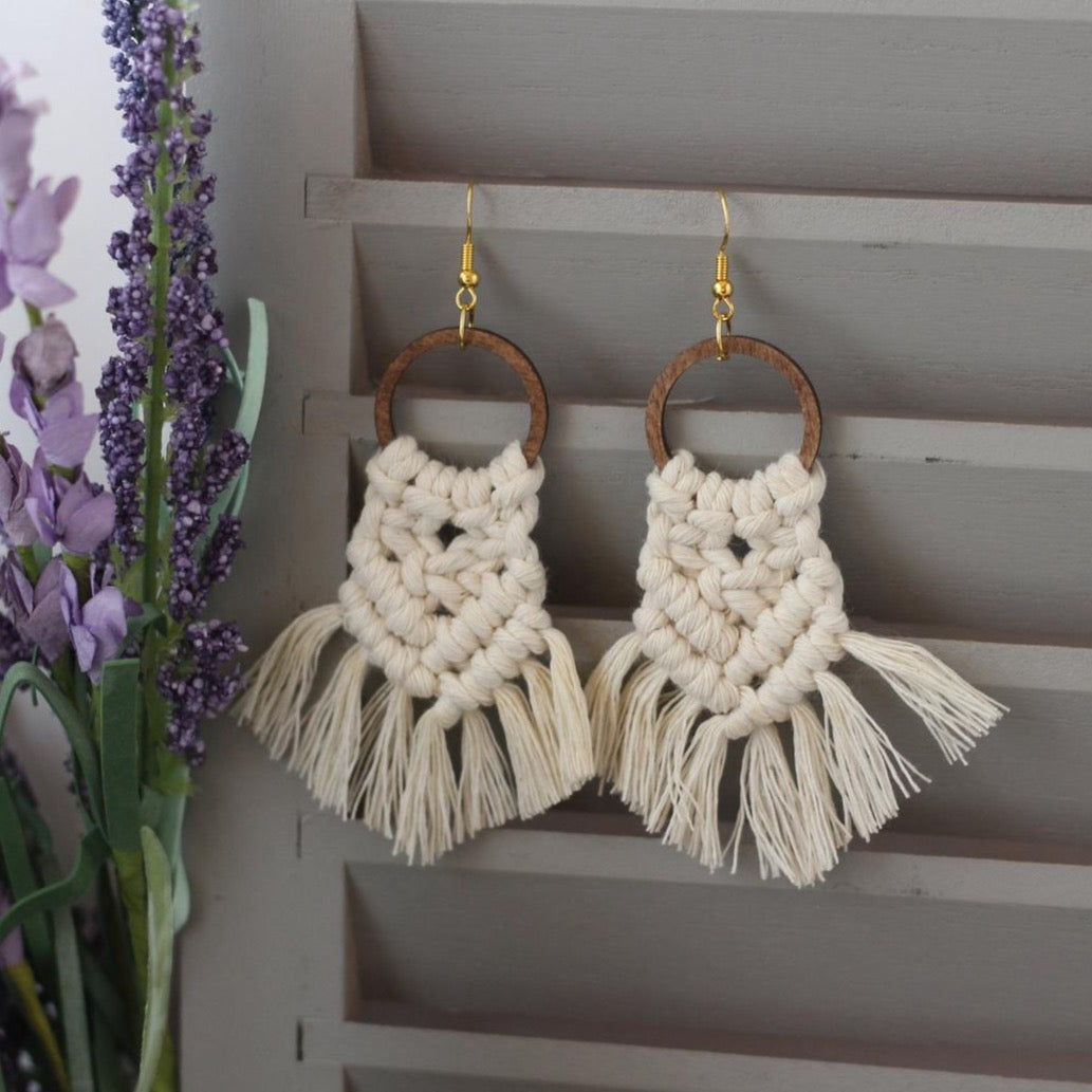 Wooden Hoop Macrame Earrings