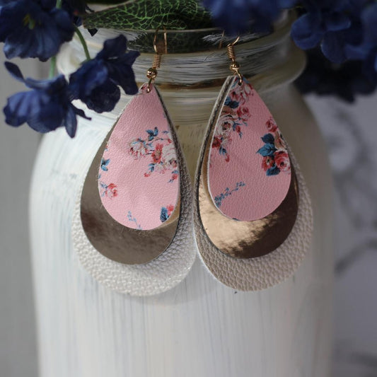 Floral Print & Metallic Gold Faux Leather Earrings