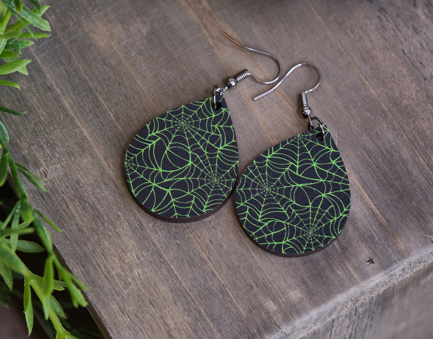 Green Spider Web Earrings