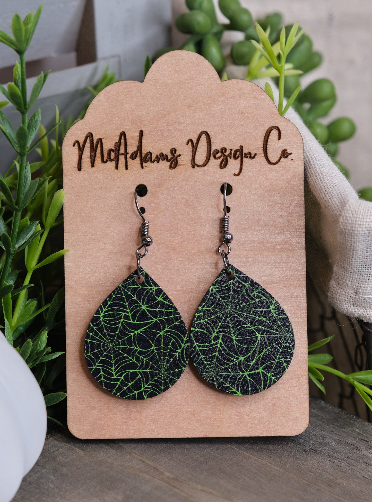 Green Spider Web Earrings