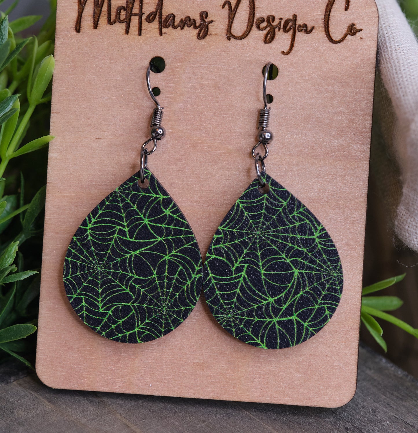 Green Spider Web Earrings