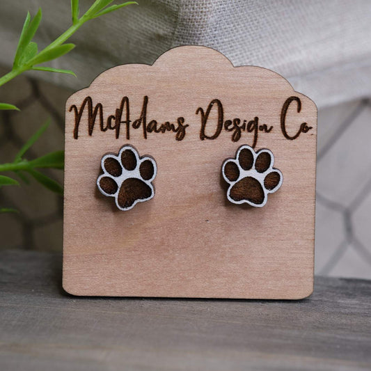 White Dog Paw Wooden Stud Earrings