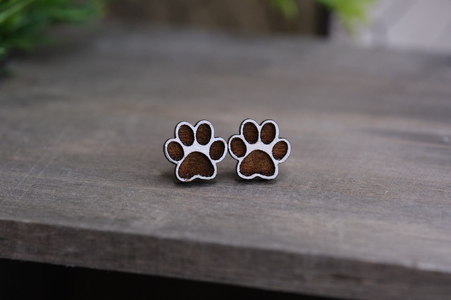 White Dog Paw Wooden Stud Earrings