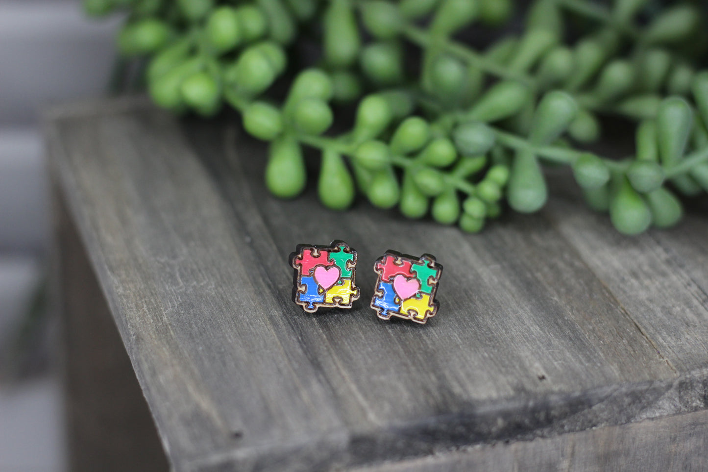 Autism Awareness Wooden Stud Earrings