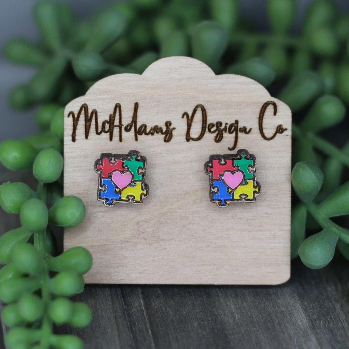 Autism Awareness Wooden Stud Earrings